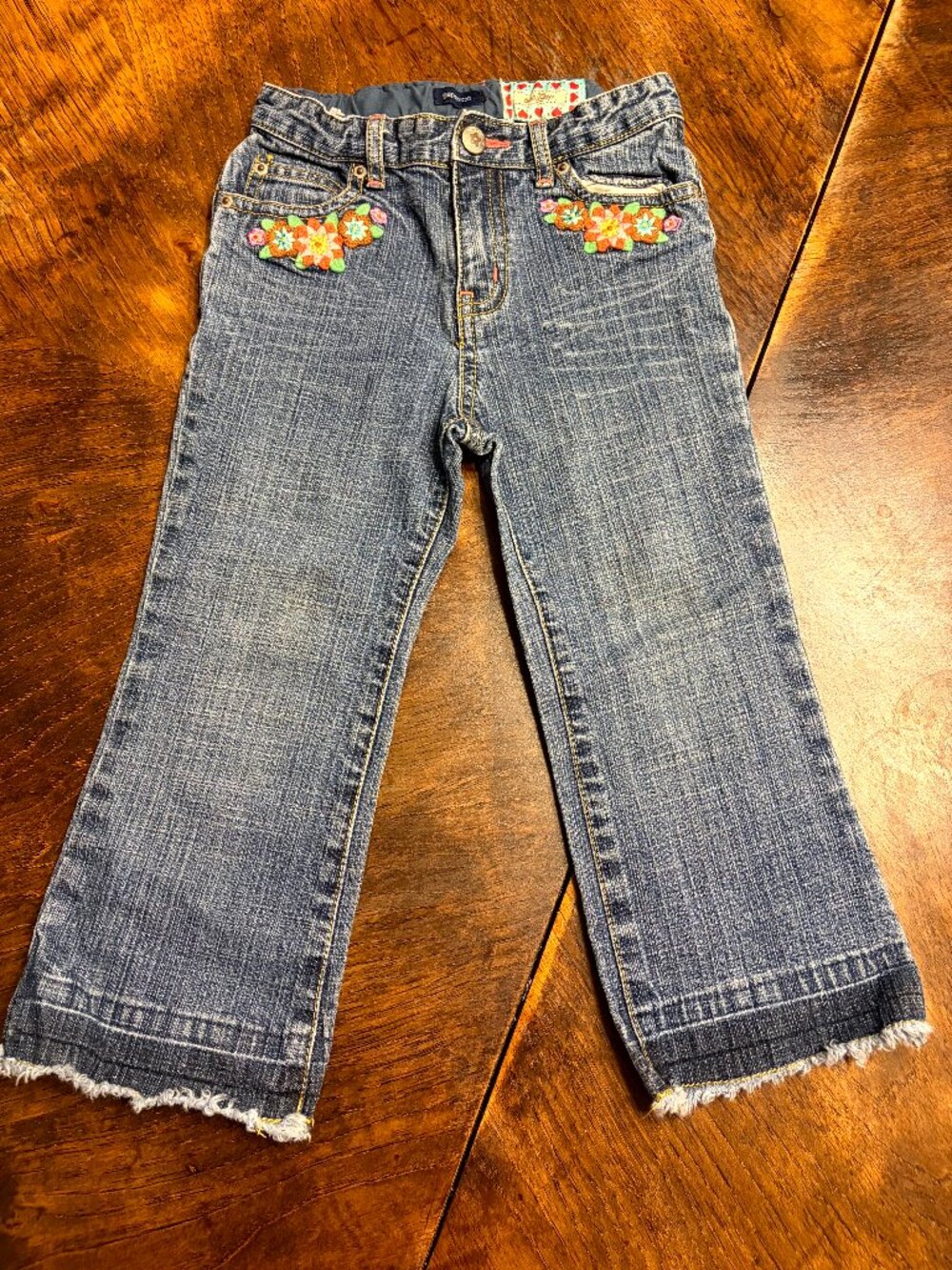 Baby Gap Toddler Girls Jeans Size 3 years Flower Patches Raw Hem Adjustable